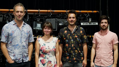 Mathieu Quesnel, Catherine Côté, Nicolas Gendron et Benoît Drouin-Germain dans le studio.