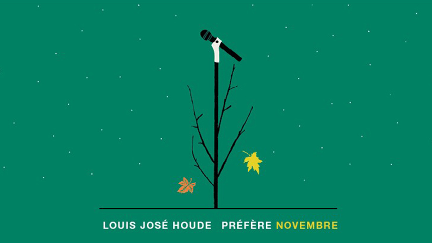 illustration pour le spectacle de Louis-José Houde Préfère novembre, pied de microphone branche